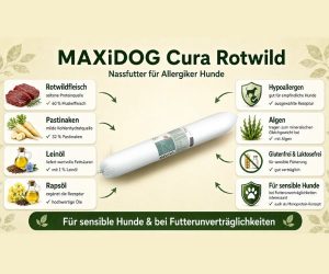 Beschriftung optional: MAXiDOG Cura Rotwild von Reico mit Rotwild, Pastinake, Leinöl und Algen für sensible Hunde.Beschriftung optional: MAXiDOG Cura Rotwild von Reico mit Rotwild, Pastinake, Leinöl und Algen für sensible Hunde.