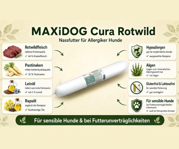Beschriftung optional: MAXiDOG Cura Rotwild von Reico mit Rotwild, Pastinake, Leinöl und Algen für sensible Hunde.Beschriftung optional: MAXiDOG Cura Rotwild von Reico mit Rotwild, Pastinake, Leinöl und Algen für sensible Hunde.